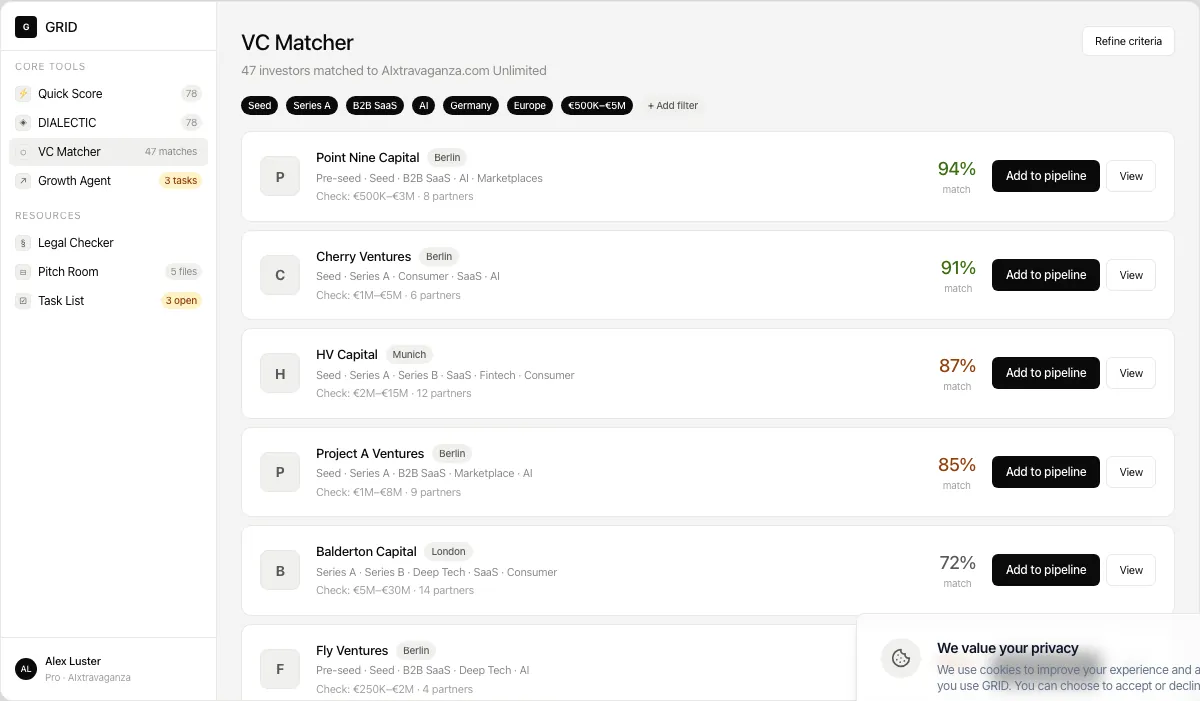 VC Matcher — search results with firm cards
